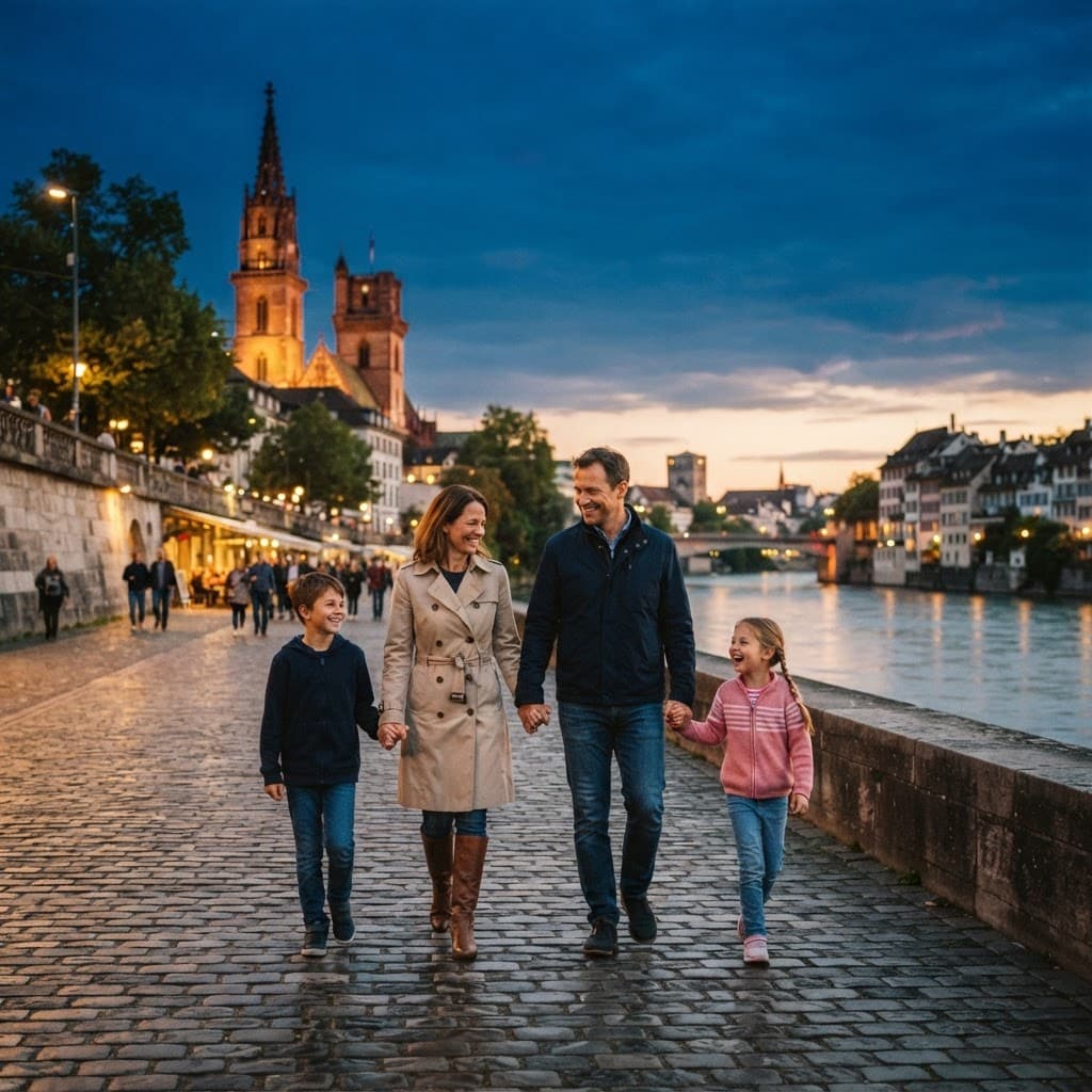 Schweizer Familie am Rhein in Basel mit Roche-Turm — Sicherheit und Vertrauen